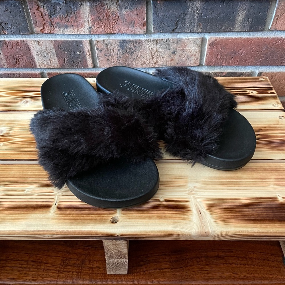 EUC PINK black fur slippers